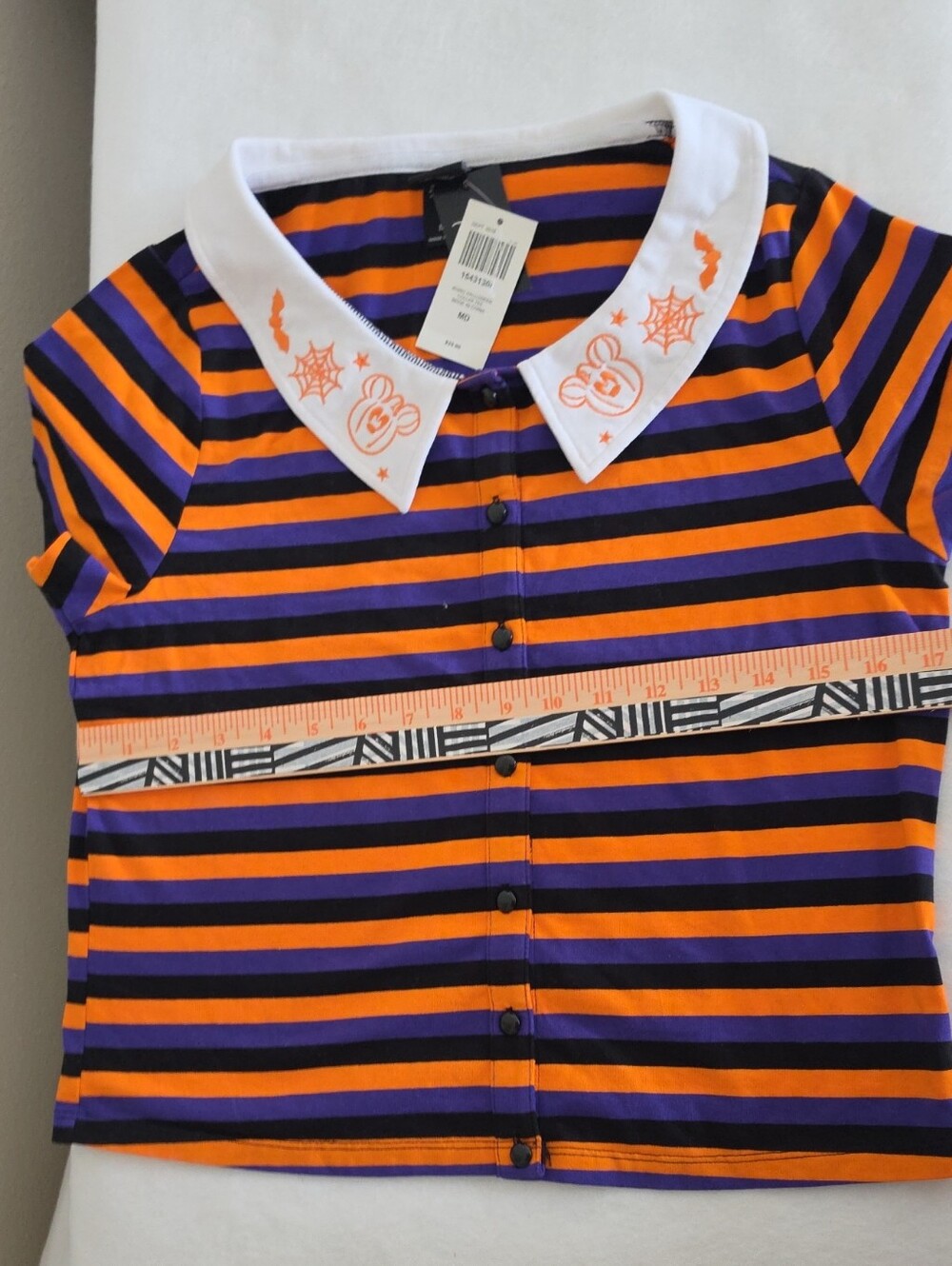 Disney Orange & Purple Striped Button-Front Top with White Embroidered Collar